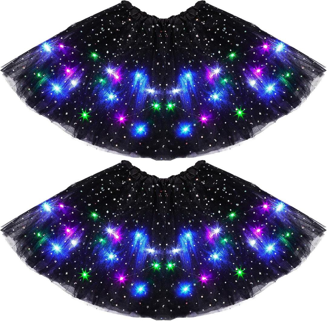 2 Pack LED Tutu Skirt Layered Tutus for Women Light up 80's Tulle Tutu Skirt Party Halloween Cosplay Costume (Black)