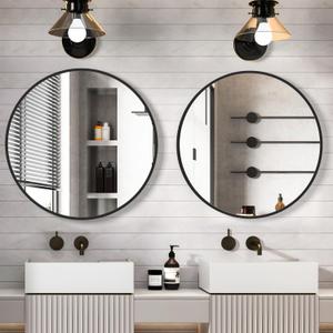 CONGUILIAO Circle Mirror Black 28 Inch Round Wall Mounted Mirror, Large Bathroom Mirror, Wall Mounted Over Sink Vanity Mirror for Living Room Washrooms Entryways Decor, 2 Pieces