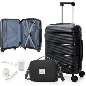 Vacuum Compression Carry On Luggage 22x14x9 Airline Approved,20-Inch Small Carry On Vacuum Travel Luggage With Wheels And TSA Lock,Lightweight Durable Hard Shell Suitcases With Pumps,Black