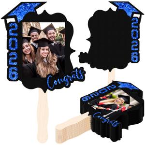 24 Pcs Personalized Graduation Fans Custom Photo Cutout Face Fans with Handle Double Sided Class of 2026 Grad Photo Props Grad Party Supplies Blank DIY Frame for Graduation Party Souvenirs(Blue)