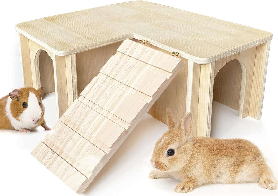 Chngeary Guinea Pig Hideout and House: Multi Chamber Wooden Guinea Pig Castle with Ladder, Cage Accessories for Chinchilla Dwarf Rabbits Hamster Bunny and Others