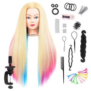 Mannequin Head with Long Synthetic Fiber Colorful Hair Styling Training Head 26-28inch Manikin Cosmetology Doll Head Hairdressing Training Model for Cutting Braiding Practice and Free Clamp Holder