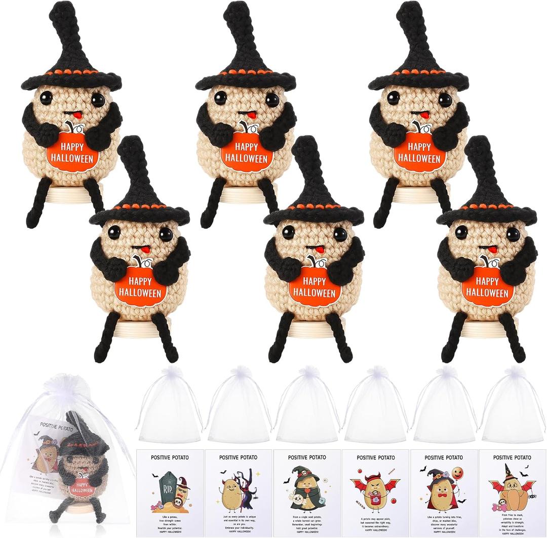 6 Sets Potatoes Crochet with Support Cards Mini Plush Emotional Crochet Inspirational Positive Gift for Valentines Christmas Party Favors