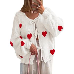 Saodimallsu Womens Tie Front Cardigan Sweaters Cute Bow Puff Long Sleeve 2026 Spring Loose Ribbed Knit Trendy Sweater Tops, XL