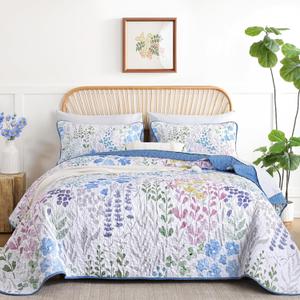 Floral Quilt Sets Queen Size Blue Quilt Set 3 Pieces Bedspreads Bedding Set Soft and Cozy Microfiber Lightweight Quilt Flower Bed Coverlet Sets for All Season(Queen 96"x90")