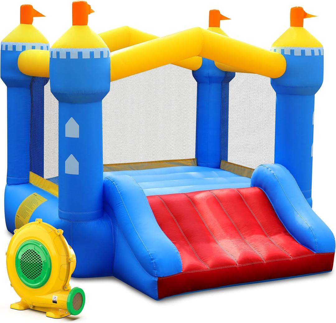 Inflatable Bounce House for Kids: Toddler Bouncy House with Slide for Indoor & Outdoor Backyard Birthday Party - Portable Small Bouncy Castle with Blower, Storage Bag and Stakes for Kids 3-6