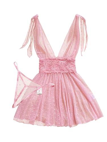 Lilosy Sexy Polka Dots Mesh Sheer Babydoll Chemise Lingerie Set Floral Lace Sleep Wear Women Deep V Slip Night Dress Nighty Negligee Gown With Thong 2 Piece Pink Large