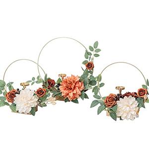 Ling's moment Candle Holder Hoop Terracotta Wreath Floral Centerpieces for Sweetheart Table, Head Table, Ceremony Reception Artificial Flowers Decorations Assembled(Set of 3)