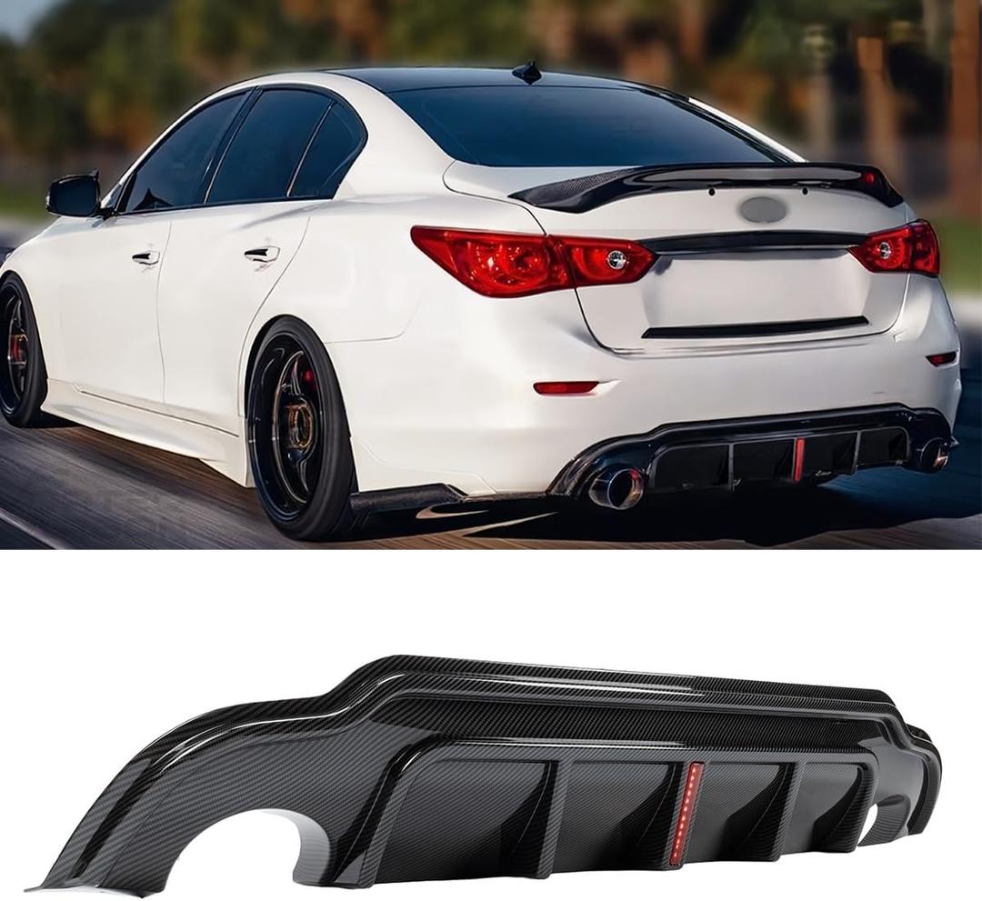 20142017 Compatible with Infiniti Q50, Rear Bumper Diffuser with V2 LED Brake Light, Carbon Fiber Pattern Wheel X
