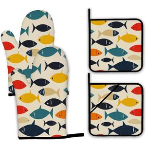 Cute Fish Oven Mitts and Pot Holders Set,Boho Kitchen Decor Heat Resistant Non Slip Hot Pads and Oven Mitt for Chef Cooking Baking BBQ Mom Girl Gifts(4 Piece Set)