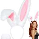 U-Goforst Bunny Ears Headbands and Tail, Bunny Costume Long Furry Rabbit Ear Headband, Halloween Party Cosplay White Bunny Ears Costume Hair Accessories for Adult Women