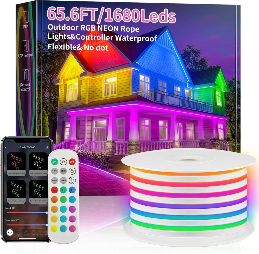 65.6ft Neon Rope Lights,RGB LED Neon Outdoor Strip Lights Waterproof，APP Remote Control Music Dimmable,84LED/m LED Rope Lights for Outside,Neon Lights Pool Deck Yards Christmas Indoor Outdoor Décor