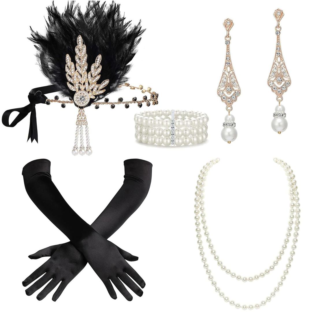 BABEYOND 1920s Accessories for Women - Great Gatsby Accessories Flapper Headband Headpiece Pearl Necklace Gloves for Women (Black)