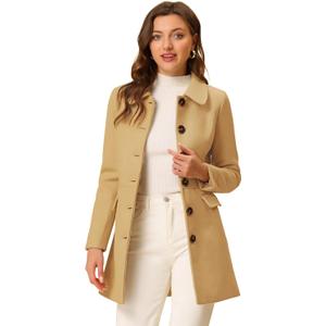 Allegra K Women's Winter Overcoat Peter Pan Collar Flap Pocket Single Breasted Coat (Small, Khaki)