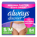 Always Discreet Adult Incontinence Underwear for Women and Postpartum Underwear, S/M, Up to 100%* Bladder Leak Protection, 84 CT,