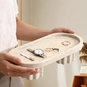 Natural Travertine Marble Oval Tray with 2 Legs, Vanity Decorative Tray for Perfume, Candles, Jewelry Dish,Countertop Storage Organizer for Home Decor (Beige)