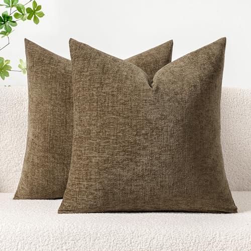 MIULEE Pack of 2 Coffee Throw Pillow Covers 18x18 Inch Soft Chenille Pillow Covers for Sofa Living Room Couch Solid Dyed Cases