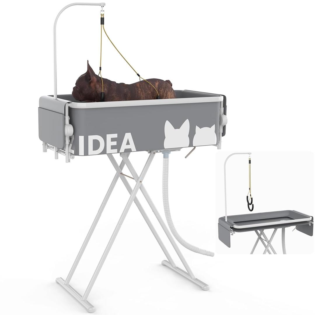 PAWZIDEA 2-in-1 Portable Dog Bathtub & Grooming Table, 33" Foldable Pet Washing Station for Small Medium Dogs Cats, Elevated Tubs for Bathing Shower Indoor Outdoor, 5 Height Adjustable, Storage Pocket