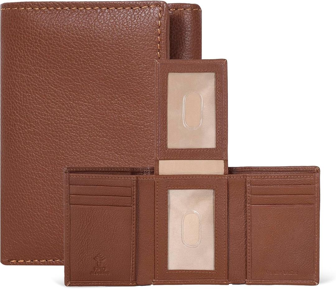 ESTALON Leather Trifold Wallet For Men with RFID Blocking - Men's Trifold Wallet with 9 Credit Card Slots 2 ID Window - Gifts For Men, Him (Cognac)