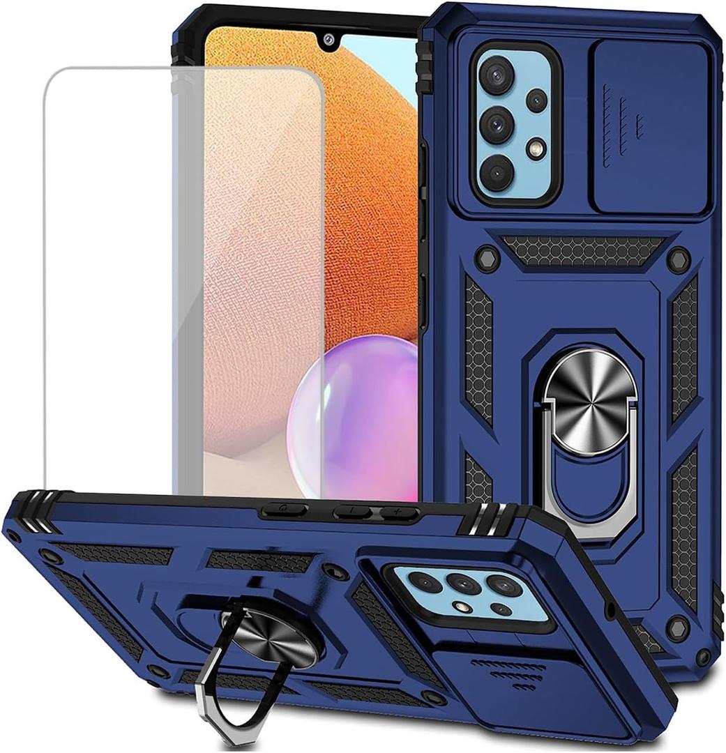 for Galaxy A32 4G Case, Samsung A32 4G SM-A325F Case with Tempered Glass Screen Protector and Slide Camera Cover, Magnetic Ring Car Mount Holder Kickstand Cover for Samsung Galaxy A32 4G Blue