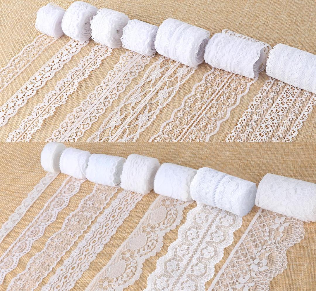 ilauke 46 Yards White Lace Ribbon 14 Rolls Vintage Lace Trims 0.6 to 2.1 inch Ribbon Laces with Assorted Pattern for Sewing, Crafts, Wedding Decor, Flower Ribbons, 3.28 Yards Each