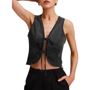 Women's Denim Vest Crop Sleeveless V Neck Denim Top Retro Tie Up Front Jean Vest (Medium, Black) Women's Denim Vest Crop Sleeveless V Neck Denim Top Retro Tie Up Front Jean Vest (Medium, Black)
