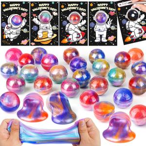 28 Pack Valentines Day Gifts for Kids Classroom, Galaxy Slime Valentines Cards for Kids School, Valentines Day Slime Toys Classroom Valentines Exchange Cards Valentine Party Favors for Boys Girls
