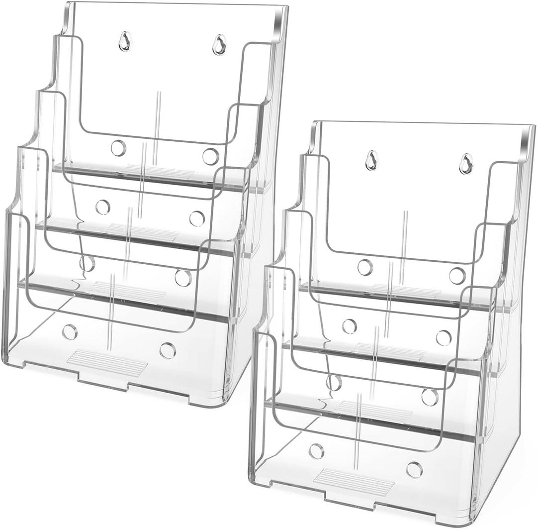 MaxGear Acrylic Brochure Holder 8.5 x 11 inch, 4 Tier Clear Literature Organizer Magazine Stand Display with Removable Divider for 4 x 9 inch Brochures, Pamphlet, Wall Mount or Countertop, 2 Pack