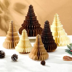 Mooliwe 6 Pcs Paper Christmas Trees Honeycomb Centerpiece 3D Paper Trees Decorations Neutral Christmas Tree Honeycomb Rustic Reusable for Xmas Home Holiday Table Decor(Neutral Colour)
