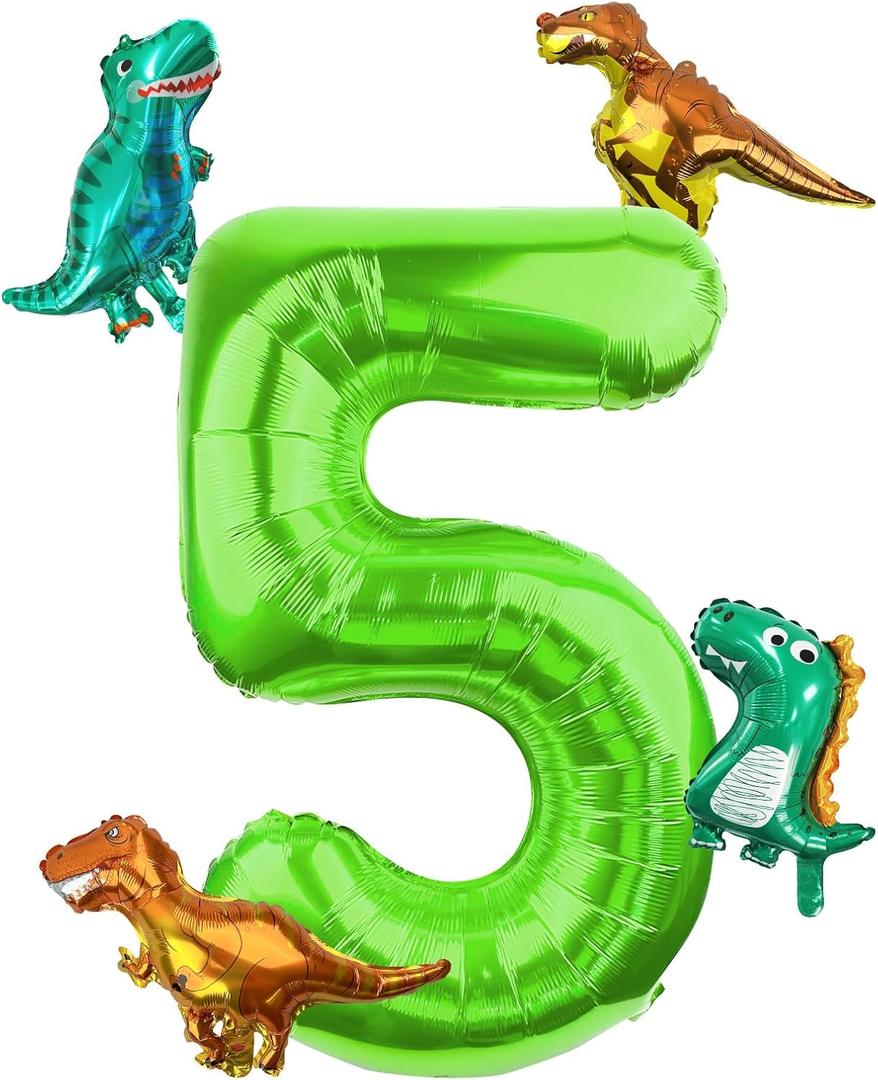 Dinosaur Number 5 Ballloon, 40 Inch Green Number 5 Balloon, Mini Dino Foil Balloons Baby Dinosaur Balloons for Kid Dino Theme Jungle 5th Birthday Baby Shower Party Decorations
