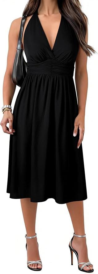 Women's Halter Neck Deep V-Neck Midi Dress with Built-in Bra Pockets Backless Tie Waist Sleeveless A-Line Dresses, S