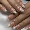 Tyuimhx White French Tip Press on Nails Short Almond Fake Nail with Designs 3D Gold French Line False Nails Glossy Full Cover Stick on Nail Acrylic Artificial Glue on Nail for Women 24 Pcs