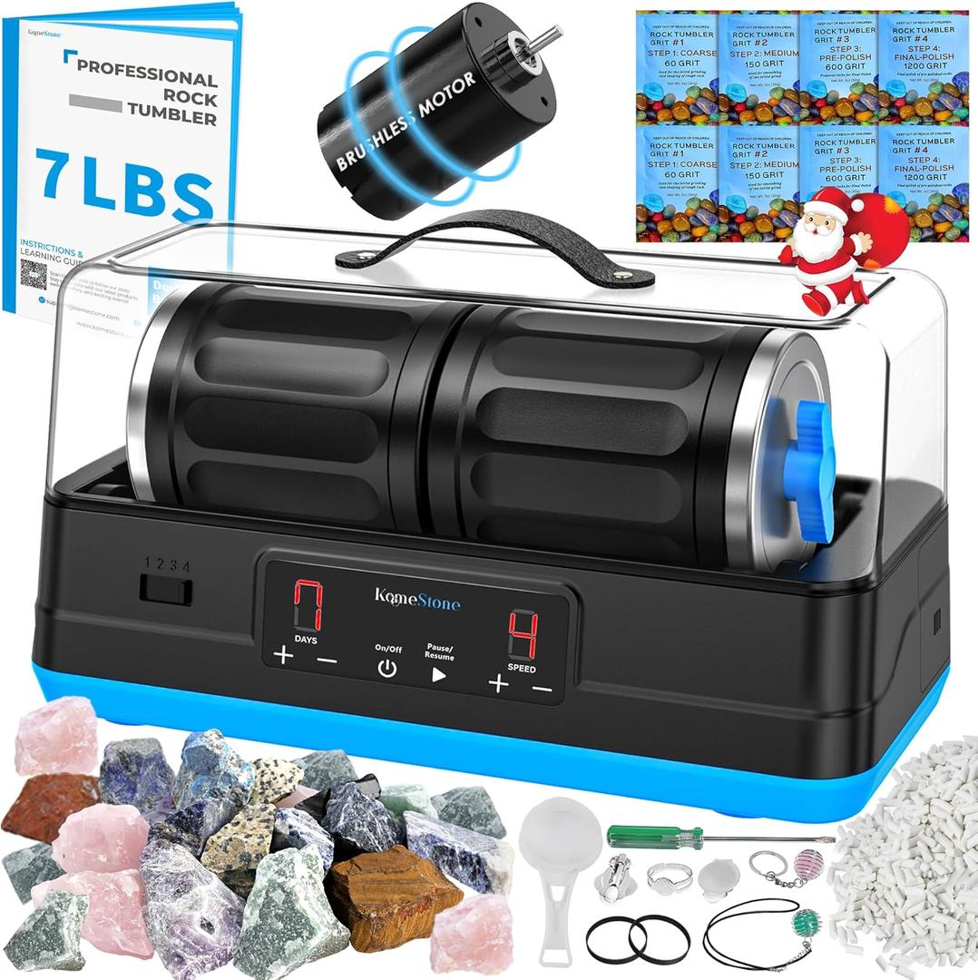 Ultra Quiet Brushless Rock Tumbler Kit  7Lb Capacity Dual-Barrel with Noise-Cancelling Cover, Up to 6X Quieter, Include All Accessories, Professional Rock Polisher for Adults & Gift Giving