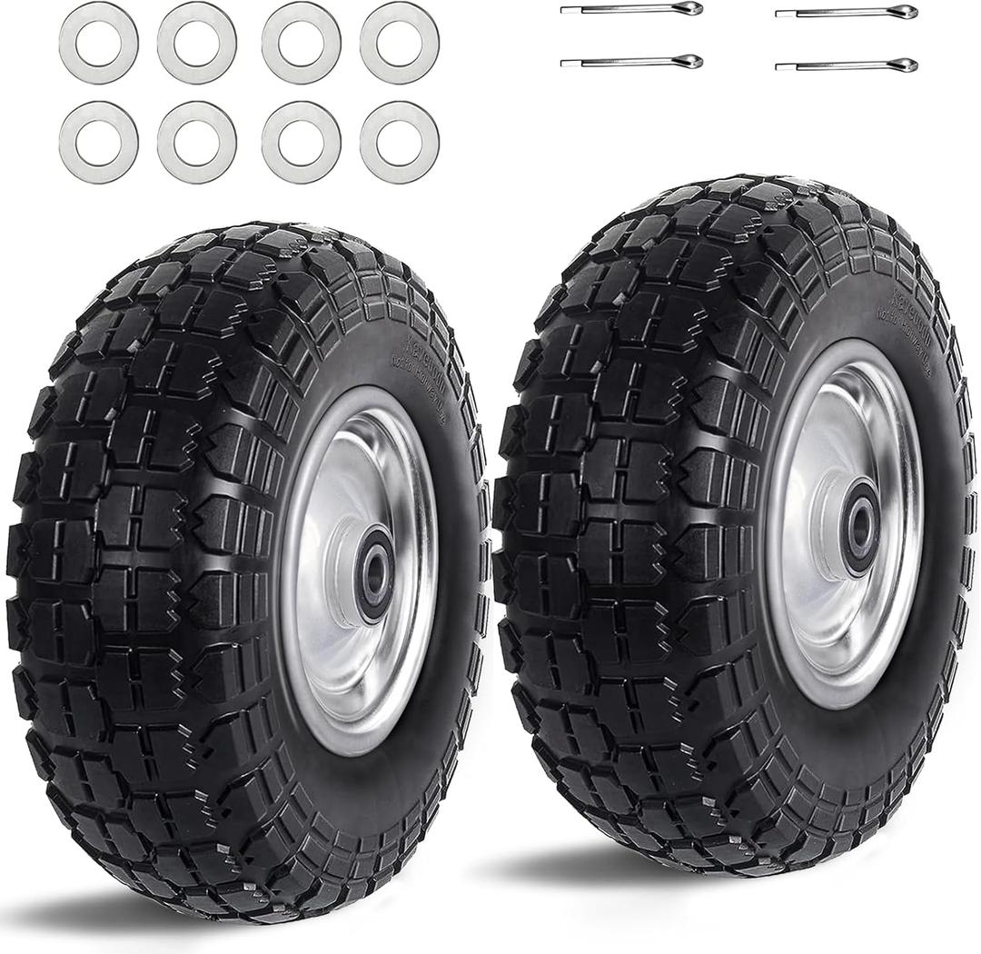 Kavedodu 12'' Flat Free Tires Rubber Replacement Solid Tire and Wheel Assemblies for Hand Trucks Garden Cart Wheelbarrow - 3.5Wide Polyurethane Tires 2.1 Hub with 5/8 Inch Axle Borehole Silver