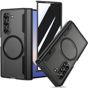 VEGO for Galaxy Z Fold 6 Case, Compatible with MagSafe, with [Hinge Protection][Front Privacy Screen Protector], Magnetic Anti-Peeping Translucent Protective Clear Cover for Samsung Z Fold6 - Black