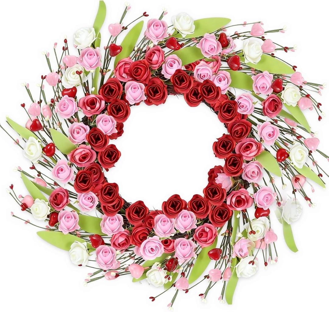 Valentines Day Wreath Decor, 18 inch Artificial Rose with Heart Green Leaf, Valentines Wreaths for Front Door Wedding Anniversary Party Valentines Day Door Wreath Decorations (Rose)