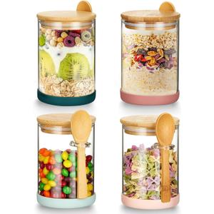 Mfacoy Set of 4 Airtight Glass Jars with Bamboo Lids & Spoons, 17 oz Borosilicate Overnight Oats Containers with Lids, Clear Food Storage Canister for Cookie, Candy, Coffee, Sugar, Matcha Tea, Flour