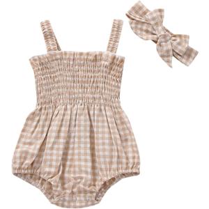FOMOYUU Infant Newborn Baby Girl Ruffle Sleeveless Romper Summer Clothes Outfit with Cute Floral Print Jumpsuit (0-3 Months, Khaki Plaid)