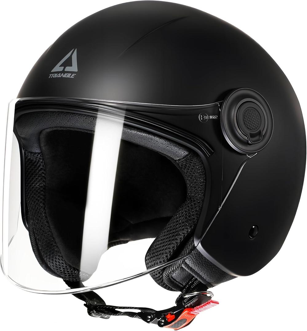 TRIANGLE Open Face Motorcycle Helmet Retro 3/4 Helmets with Clear Visor for Men Women DOT Approved (Black, M)