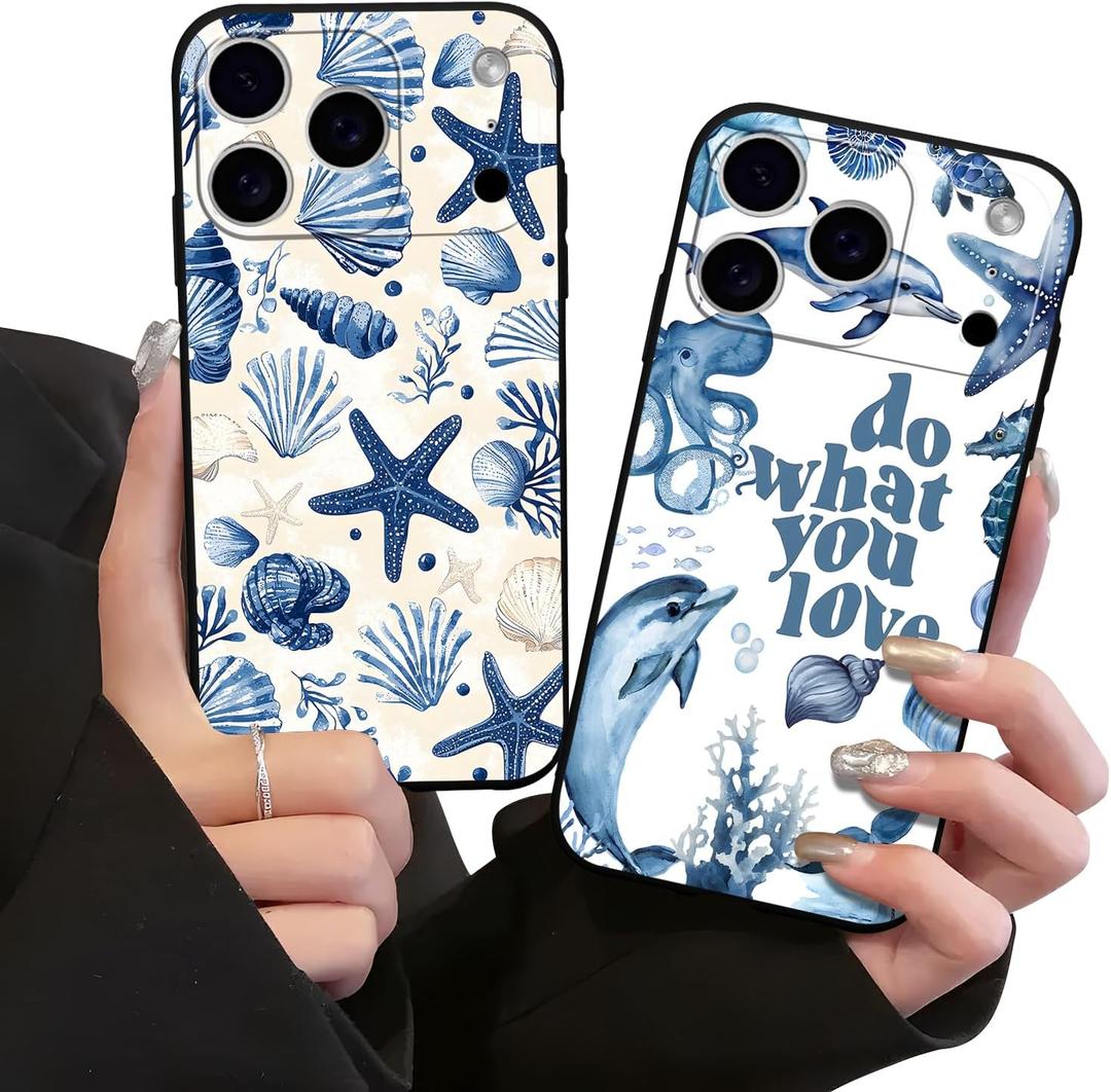 2 Pack Cute Ocean Phone Case for iPhone 17 Pro,Kawaii Shell Dolphin Starfish Cases Summer Beach Aesthetic Cover,Black Soft TPU Protective Funda for Girls Women for iPhone 17 Pro 6.3 Inch