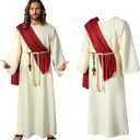 Adult Costume Mens Jesus Robe Bible Religious Christ Costume Includes Red Scarf Waist,Lanyard, a crucifix (Medium, White)