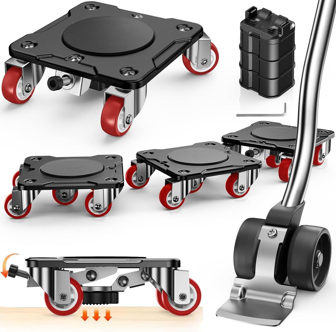 Heavy Duty Furniture Movers with 5 Wheels & Parking Function  Carbon Steel Panel Furniture Dolly Set with Lifter, 360 Rotating Casters for Easy Moving, Max Load 2200 LBS