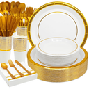 175 Pcs, 25 Guests, White Gold Trimmed Plates Large and Small, Forkes x2, Spoons, Knife, Mini Forks