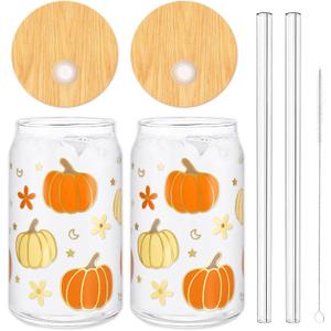 Whaline 2 Pack Fall Drinking Glasses 16oz Pumpkin Flower Star Glass Cup Orange Apricot Pumpkin Iced Coffee Cup with Lid Straw for Autumn Thanksgiving Cocktail Whiskey Beer Soda