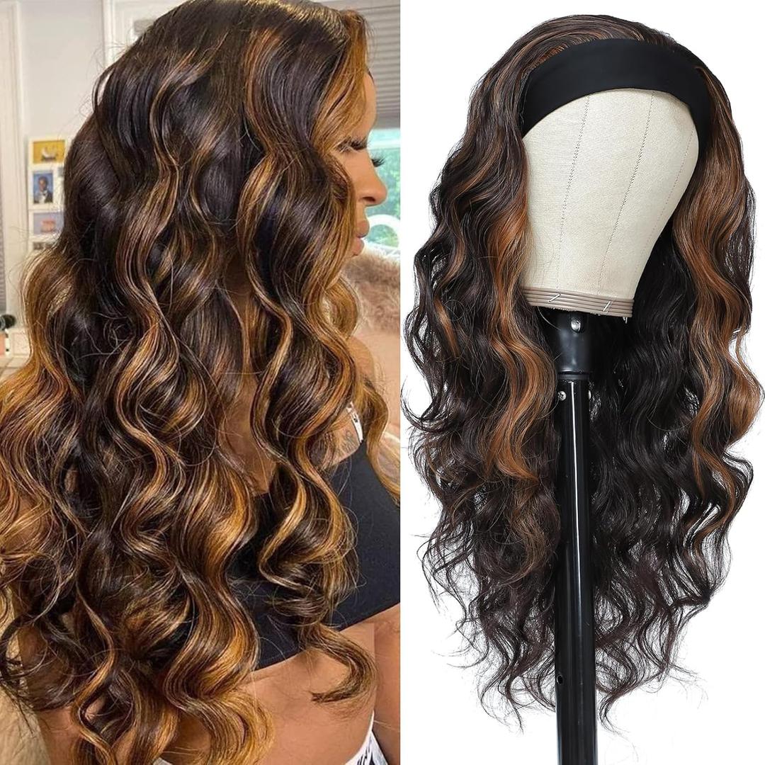 xccoco Long Wavy Headband Wig for Women Black Wigs with Brown Blonde Highlight 200% Denisty Headband Wigs Put On and Go Glueless Wig Long Synthetic Wig for Women Party Daliy Use (24 Inch)