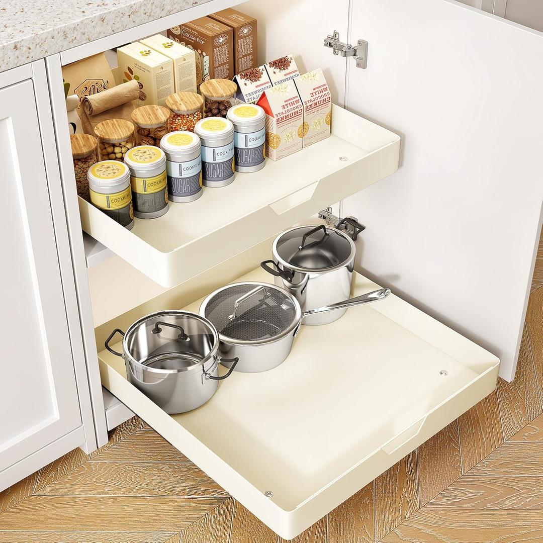 Kitstorack Adhesive Pull Out Cabinet Organizer, Cream White, Thickened Steel Flat Bottom, 20" W x 21" D,No Drill Slide Out Drawers for Kitchen, Bathroom, Pantry,Roll Out Shelves,1 Pack