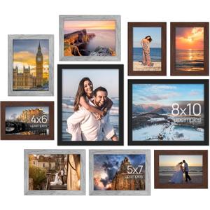 Upsimples 10 Pack Picture Frames Collage Wall Decor for Mounting or Tabletop Display, Photo Gallery Frame Set for Family, Multi Sizes Including 8x10, 5x7, 4x6, Black Gray Brown