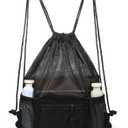 Mesh Drawstring Backpack Bag, Gym Sports Bags with Zipper Pocket, Large Mesh Drawstring Backpack, Swim Bag, Multifunction Bags for Beach, Swimming, Gym, Clothes, Travel (Black)