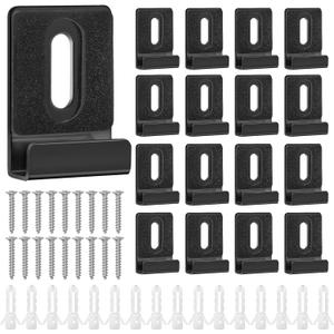 16pcs Metal Mirror Holder Kit, J Type Hanger Clip Kit with Screws Rubber Pads Hooks Heavy Duty Mirror Hanger Hardware for Frameless Mounting Wall Tile Billboard Display (Black)