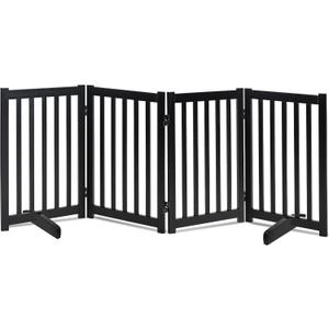 LZRS Freestanding Extra Wide Dog Gate 30 inch Tall - 4 Panels Solid Wooden Pet Gate for Doorways, Stairs, Hallways,Kitchens& Long Areas, Expandable & Foldable with Support Feet,Indoor Use,Black